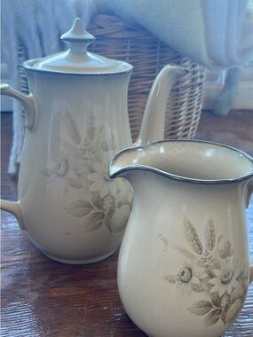 Vintage Denby Lg Cream Floral Ceramic Pitcher and Coffee Pot Set